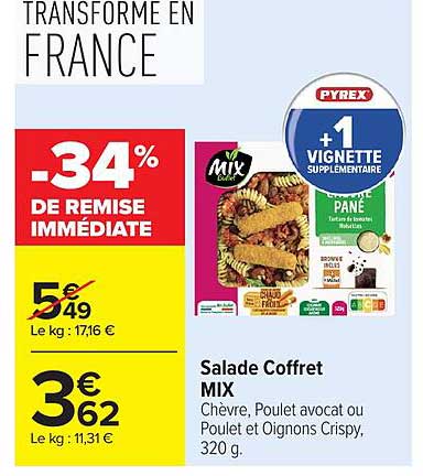 Salade Coffret MIX Chèvre, Poulet avocat ou Poulet et Oignons Crispy, 320 g.