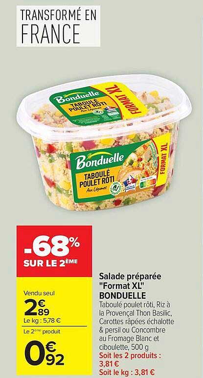 Salade préparée "Format XL" BONDUELLE Taboulé poulet rôti, Riz à la Provençal Thon Basilic, Carottes râpées échalotte & persil ou Concombre au Fromage Blanc et ciboulette, 500 g