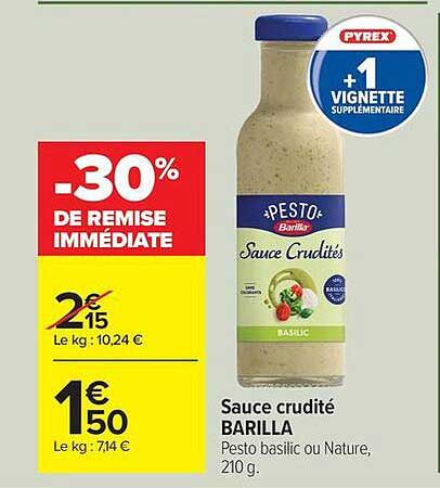 Sauce crudité BARILLA Pesto basilic ou Nature, 210 g.