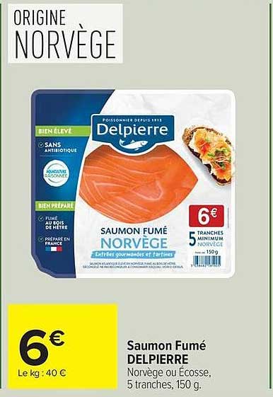 Saumon Fumé DELPIERRE Norvège ou Écosse, 5 tranches, 150 g