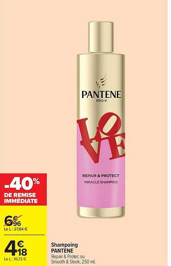 Shampoing PANTENE Repair & Protect ou Smooth & Sleek, 250 ml.