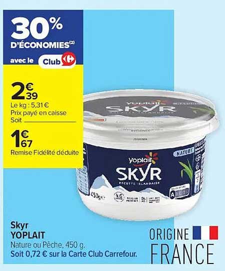 Skyr YOPLAIT Nature ou Pêche, 450 g