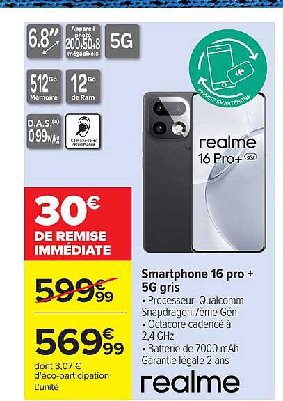 Smartphone 16 pro + 5G gris