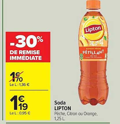 Soda LIPTON Pêche, Citron ou Orange, 1,25 L