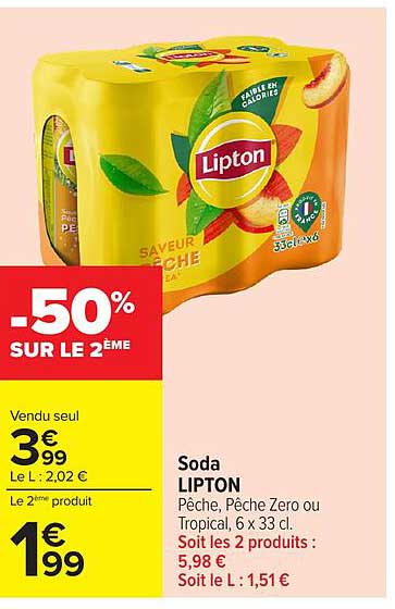 Soda LIPTON Pêche, Pêche Zero ou Tropical, 6 x 33 cl.
