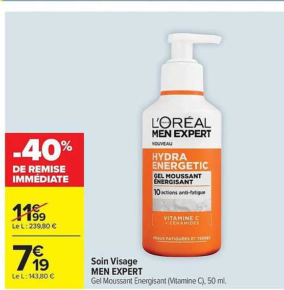 Soin Visage MEN EXPERT Gel Moussant Energisant (Vitamine C), 50 ml.