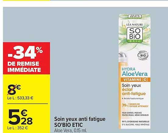 Soin yeux anti fatigue SO'BIO ETIC Aloe Vera, 0,15 ml.
