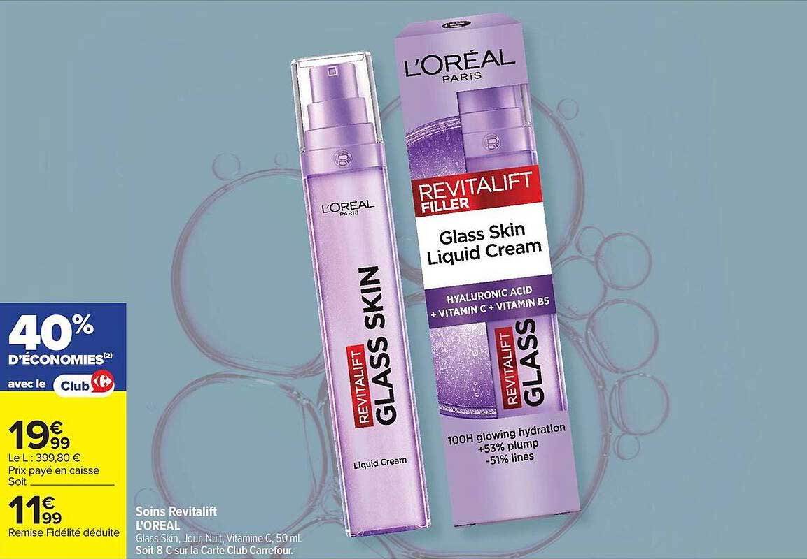 Soins Revitalift L'OREAL Glass Skin Jour, Nuit, Vitamine C, 50 ml.