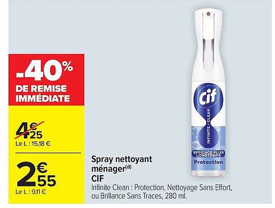 Spray nettoyant ménager (d) CIF Infinite Clean : Protection, Nettoyage Sans Effort, ou Brillance Sans Traces, 280 ml.