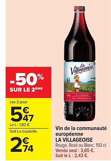 Vin de la communauté européenne LA VILLOGEOISE Rouge, Rosé ou Blanc, 150 cl. Vendu seul : 3,65 €