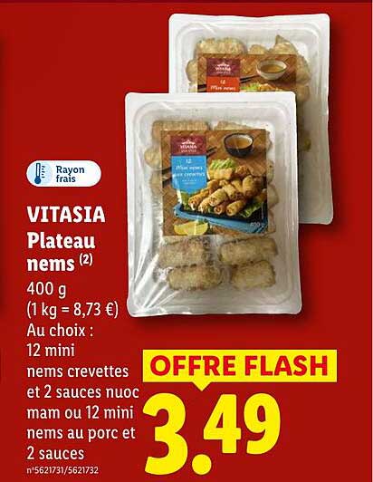 VITASIA Plateau nems (2) 400 g (1 kg = 8,73 €) Au choix : 12 mini nems crevettes et 2 sauces nuoc mam ou 12 mini nems au porc et 2 sauces