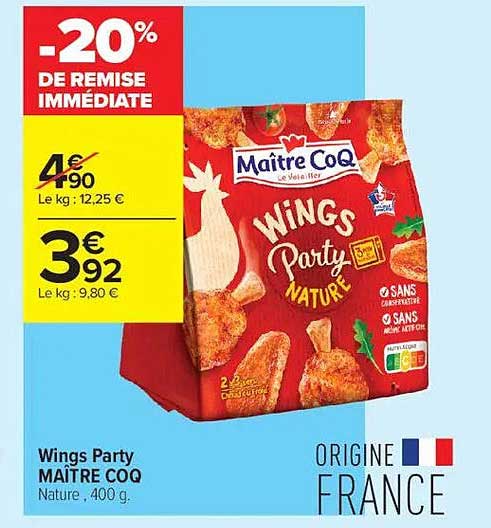 Wings Party MAÎTRE COQ Nature, 400 g -20% DE REMISE IMMÉDIATE