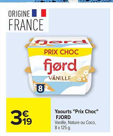 Yaourts "Prix Choc" FJORD Vanille, Nature ou Coco, 8 x 125 g.