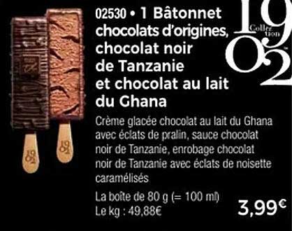 1 Bâtonnet chocolats d'origines, chocolat noir de Tanzanie et chocolat au lait du Ghana