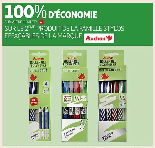 100% d'économie sur le 2ème produit de la famille stylos effaçables de la marque Auchan