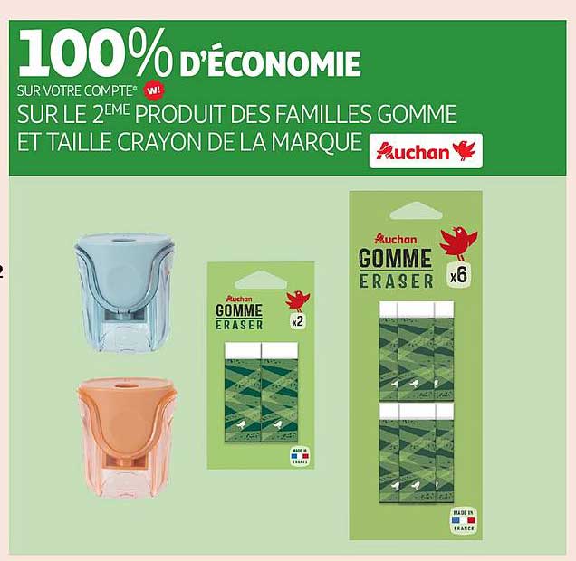 100% d'économie sur votre compte sur le 2ème produit des familles gomme et taille crayon de la marque Auchan