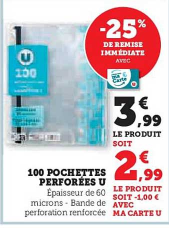 100 POCHETTES PERFORÉES U