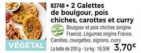 2 Galettes de boulgour, pois chiches, carottes et curry