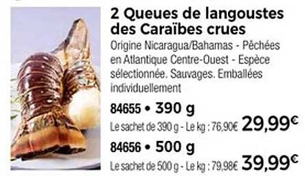 2 Queues de langoustes des Caraïbes crues