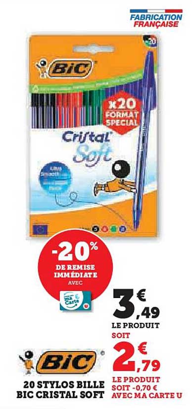20 STYLOS BILLE BIC CRISTAL SOFT