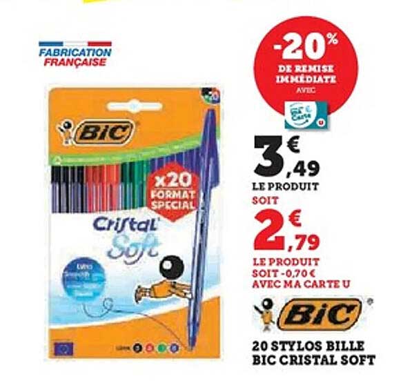 20 STYLOS BILLE BIC CRISTAL SOFT