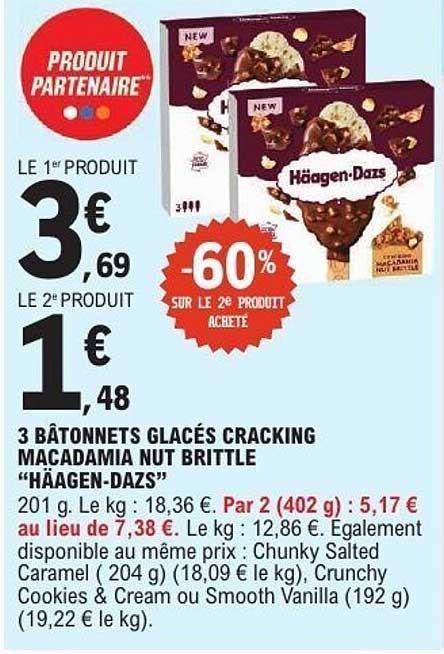 3 BÂTONNETS GLACÉS CRACKING MACADAMIA NUT BRITTLE "HÄAGEN-DAZS"