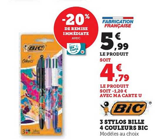 3 STYLOS BILLE 4 COULEURS BIC