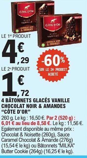 4 BÂTONNETS GLACÉS VANILLE CHOCOLAT NOIR & AMANDES “CÔTE D'OR”