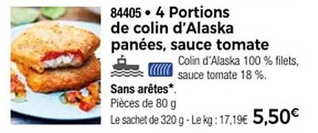 4 Portions de colin d'Alaska panées, sauce tomate