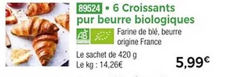 6 Croissants pur beurre biologiques