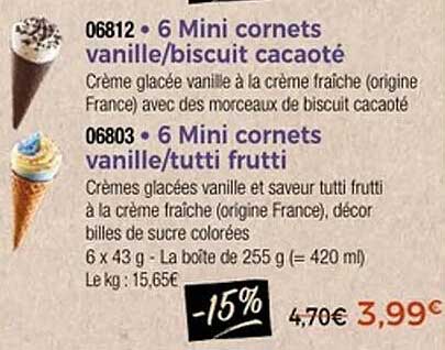 6 Mini cornets vanille/biscuit cacaoté et 6 Mini cornets vanille/tutti frutti