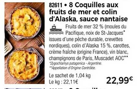 8 Coquilles aux fruits de mer et colin d'Alaska, sauce nantaise