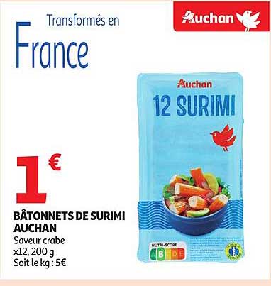 BÂTONNETS DE SURIMI AUCHAN Saveur crabe x12, 200 g