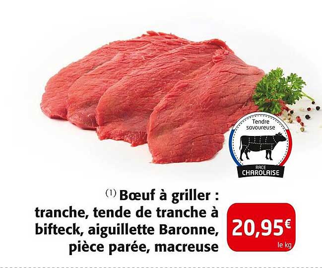 Boeuf à griller : tranche, tende de tranche à bifteck, aiguillette Baronne, pièce parée, macreuse