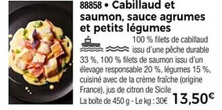 Cabillaud et saumon, sauce agrumes et petits légumes