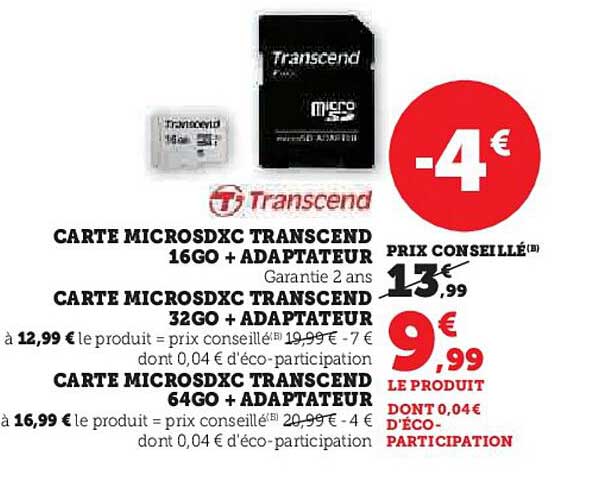 CARTE MICROS DXC TRANSCEND 16GO + ADAPTATEUR