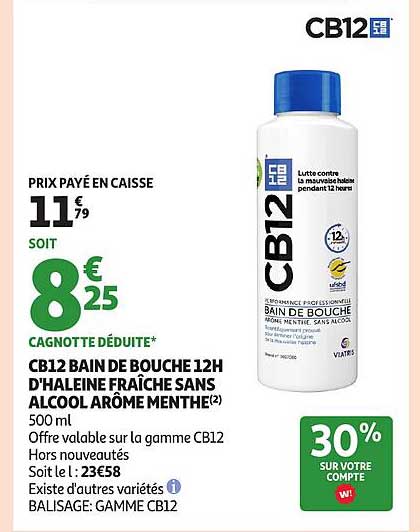 CB12 BAIN DE BOUCHE 12H D'HALEINE FRAÎCHE SANS ALCOOL AROMA MENTHE