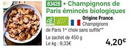 Champignons de Paris émincés biologiques