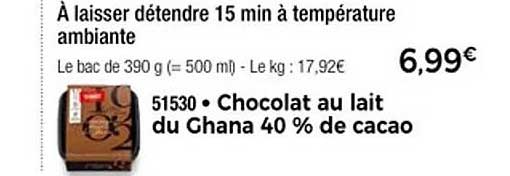 Chocolat au lait du Ghana 40 % de cacao