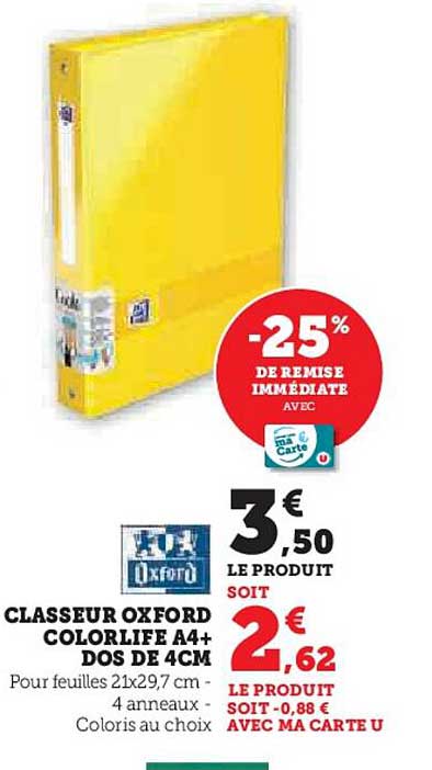 CLASSEUR OXFORD COLORLIFE A4+ DOS DE 4CM