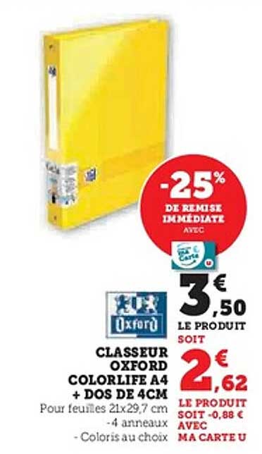 CLASSEUR OXFORD COLORLIFE A4 + DOS DE 4CM