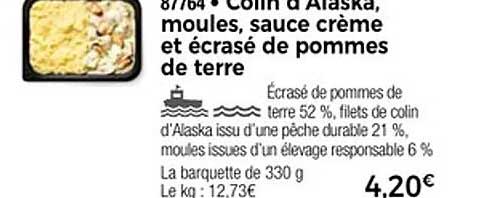 Colin d'Alaska, moules, sauce crème et écrasé de pommes de terre