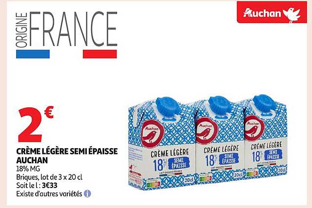 CRÈME LÉGÈRE SEMI ÉPAISSE AUCHAN 18% MG