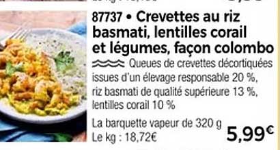 Crevettes au riz basmati, lentilles coral et légumes, façon colombo