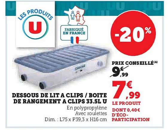Dessous de lit à clips / Boîte de rangement à clips 33.5L U