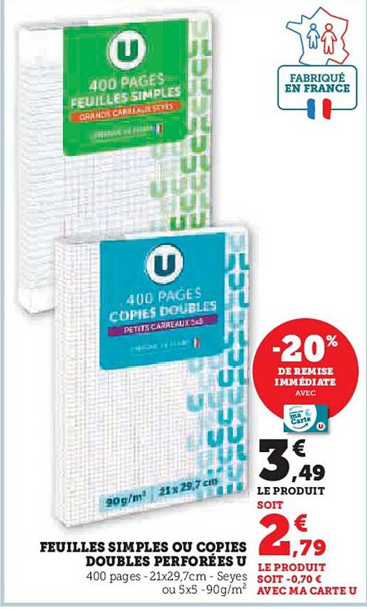 FEUILLES SIMPLES OU COPIES DOUBLES PERFORÉES U