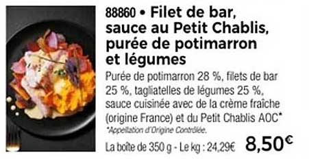 Filet de bar, sauce au Petit Chablis, purée de potimarron et légumes