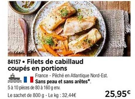 Filets de cabillaud coupés en portions