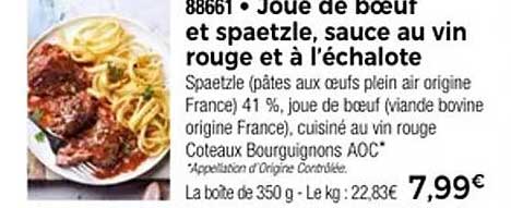 Joue de bœuf et spaetzle, sauce au vin rouge et à l'échalote