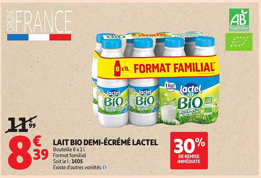 LAIT BIO DEMI-ÉCRÉMÉ LACTEL